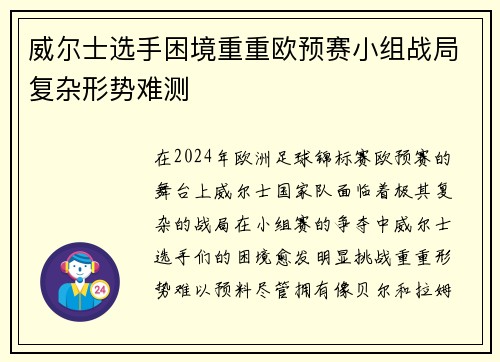 威尔士选手困境重重欧预赛小组战局复杂形势难测